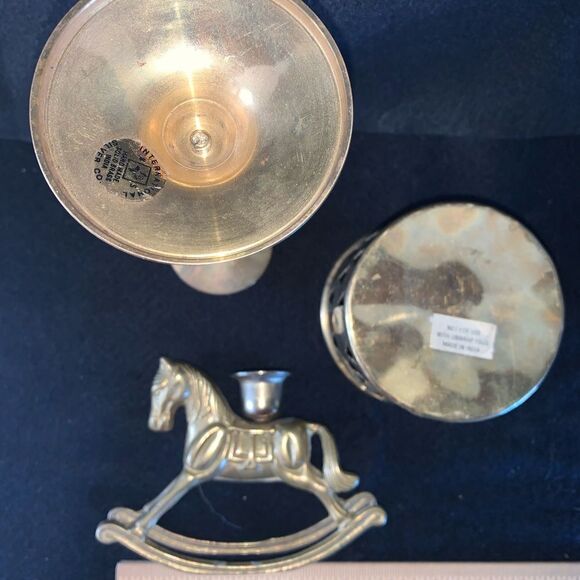 Triptych Brass Candle Holder Set - Joy Design, Rocking Horse, Voltive Pine Trees - Picture 8 of 13